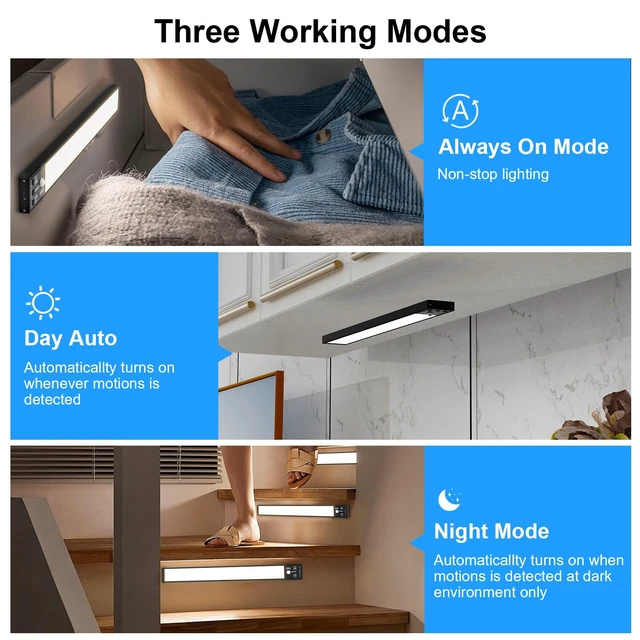 Alt view image 4 of 7 - Motion Sensor Cabinet Lights, 3200mAh Battery Operated Closet Light, Portable Rechargeable Motion Lights, 3 Colors, 5 Brightness Adjustable Motion Lamp for Kitchen Wardrobe Cupboard(Two Pack)