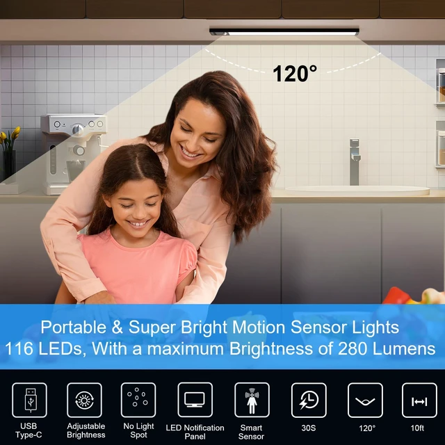 Alt view image 5 of 7 - Motion Sensor Cabinet Lights, 3200mAh Battery Operated Closet Light, Portable Rechargeable Motion Lights, 3 Colors, 5 Brightness Adjustable Motion Lamp for Kitchen Wardrobe Cupboard(Two Pack)