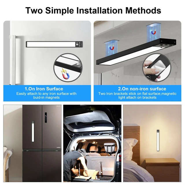 Alt view image 6 of 7 - Motion Sensor Cabinet Lights, 3200mAh Battery Operated Closet Light, Portable Rechargeable Motion Lights, 3 Colors, 5 Brightness Adjustable Motion Lamp for Kitchen Wardrobe Cupboard(Two Pack)