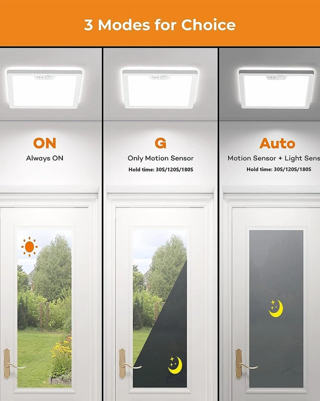 Alt view image 5 of 7 - 12in Motion Sensor Ceiling Light Wired with 3 Timer 2400LM White | 3000K 4000K 5000K Selectable, 24W Flush Mount Square Motion Ceiling Light for Closet Porch Stairs Hallway, Auto/ON/G Mode