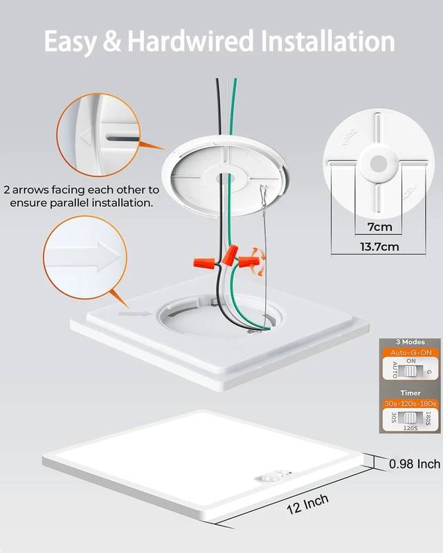 Alt view image 6 of 7 - 12in Motion Sensor Ceiling Light Wired with 3 Timer 2400LM White | 3000K 4000K 5000K Selectable, 24W Flush Mount Square Motion Ceiling Light for Closet Porch Stairs Hallway, Auto/ON/G Mode