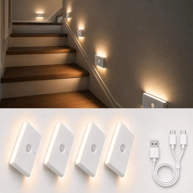Main image of Rechargeable Motion Sensor Stair Night Lights, 4 Pack Indoor Step Lights | Small magnetic battery powered lights for bathroom, hallway, underbed, toilet, stairs, closet, and indoor low-light areas