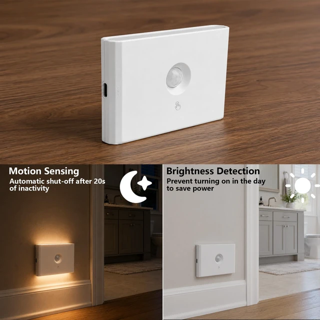Alt view image 2 of 7 - Rechargeable Motion Sensor Stair Night Lights, 4 Pack Indoor Step Lights | Small magnetic battery powered lights for bathroom, hallway, underbed, toilet, stairs, closet, and indoor low-light areas