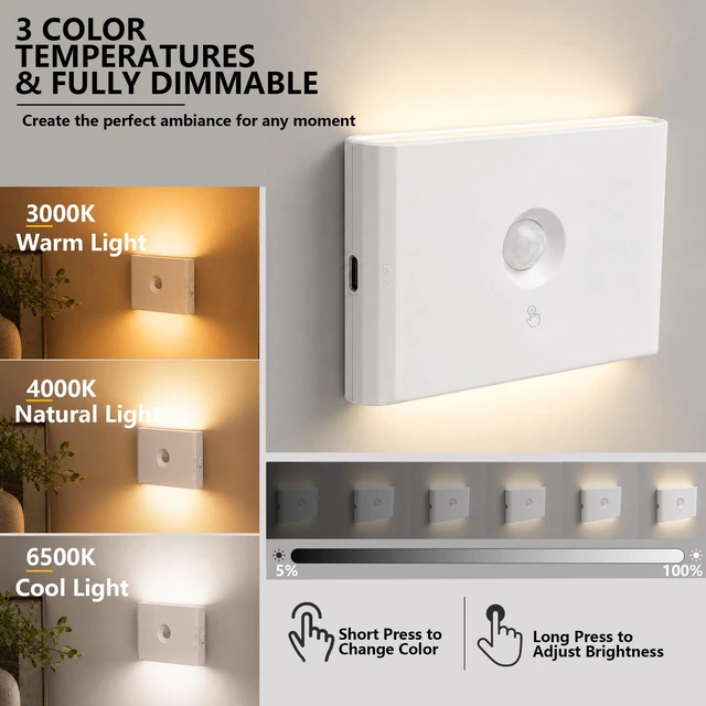 Alt view image 3 of 7 - Rechargeable Motion Sensor Stair Night Lights, 4 Pack Indoor Step Lights | Small magnetic battery powered lights for bathroom, hallway, underbed, toilet, stairs, closet, and indoor low-light areas