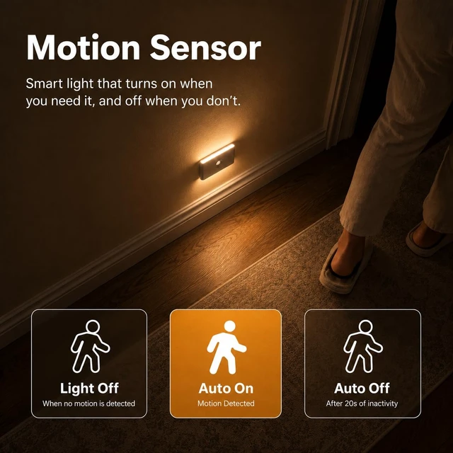 Alt view image 5 of 7 - Rechargeable Motion Sensor Stair Night Lights, 4 Pack Indoor Step Lights | Small magnetic battery powered lights for bathroom, hallway, underbed, toilet, stairs, closet, and indoor low-light areas