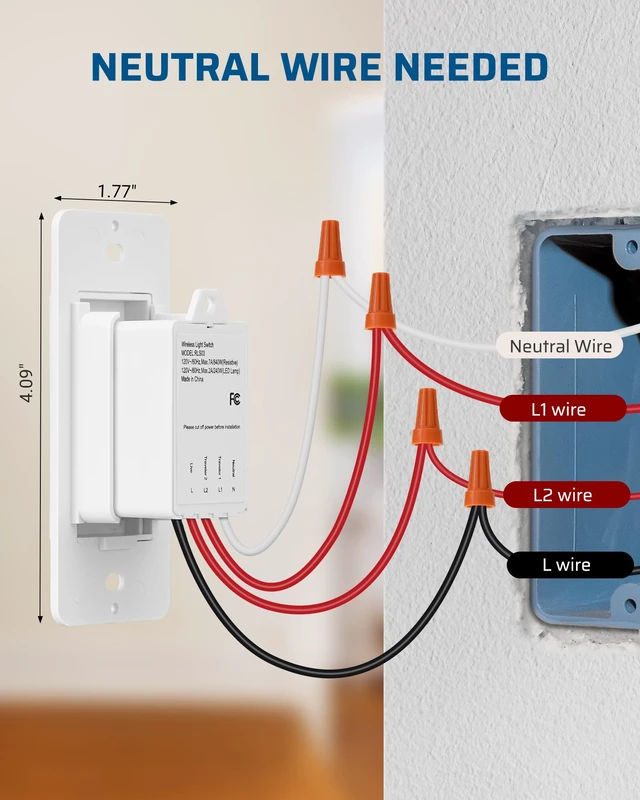 Alt view image 3 of 7 - Wireless Light Switch and Receiver Kit, 7A | 1 Transmitter+1 Receiver, No in-Wall Wiring Required, 100FT RF Range, Programmable for Ceiling Lights, Fans, Lamps,ETL listed