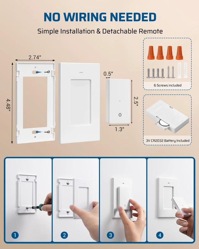 Alt view image 6 of 7 - Wireless Light Switch and Receiver Kit, 7A | 1 Transmitter+1 Receiver, No in-Wall Wiring Required, 100FT RF Range, Programmable for Ceiling Lights, Fans, Lamps,ETL listed
