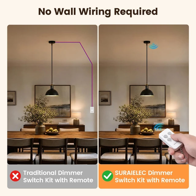 Alt view image 5 of 7 - Dimmer Switch Kit with Remote, Fits 200W INC & 150W LED | Wireless Remote and Receiver, Single Pole, No Wiring, Plug and Play, 200FT RF Range for Ceiling Lights, Pendant Lights