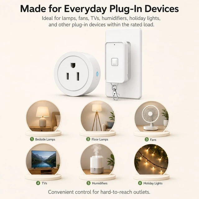 Alt view image 3 of 6 - Remote Control Outlet Wireless Light Switch, 1 Pack Expandable and Removable Remote Outlet Switches for Christmas Light, Lamp, Appliance, FCC Listed, 1 Controller for 1 Outlet