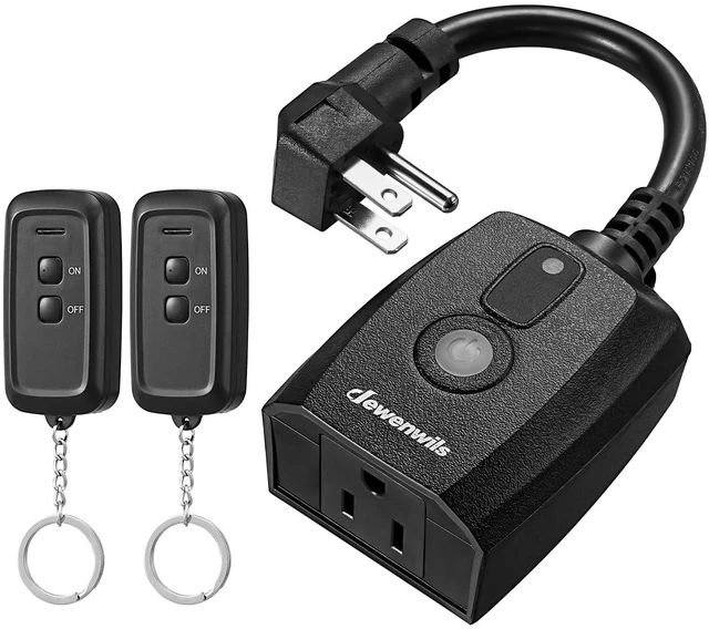 Main image of Outdoor Remote Control Outlet, Indoor Wireless Remote Control Switch, Weatherproof Electrical Plug in Switch, 3-Prong 15A, 6-Inch Cord, 100FT Range, 2 Remotes 1 Outlet, ETL Listed