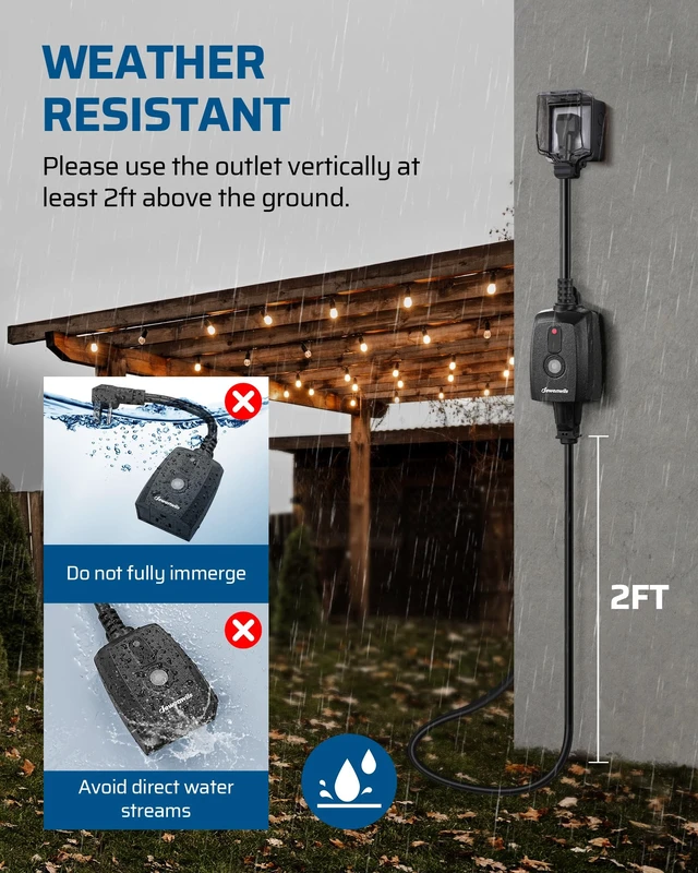 Alt view image 3 of 7 - Outdoor Remote Control Outlet, Indoor Wireless Remote Control Switch, Weatherproof Electrical Plug in Switch, 3-Prong 15A, 6-Inch Cord, 100FT Range, 2 Remotes 1 Outlet, ETL Listed