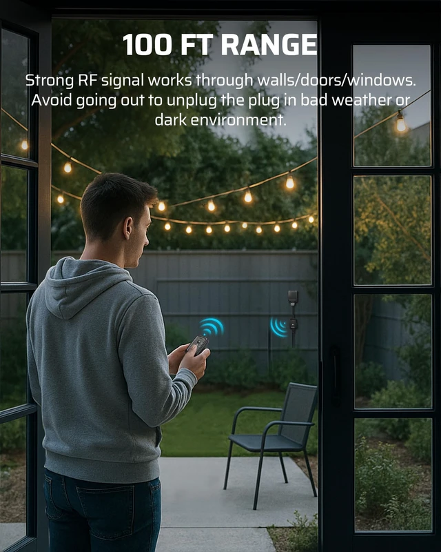 Alt view image 4 of 7 - Outdoor Remote Control Outlet, Indoor Wireless Remote Control Switch, Weatherproof Electrical Plug in Switch, 3-Prong 15A, 6-Inch Cord, 100FT Range, 2 Remotes 1 Outlet, ETL Listed