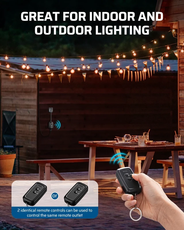 Alt view image 5 of 7 - Outdoor Remote Control Outlet, Indoor Wireless Remote Control Switch, Weatherproof Electrical Plug in Switch, 3-Prong 15A, 6-Inch Cord, 100FT Range, 2 Remotes 1 Outlet, ETL Listed