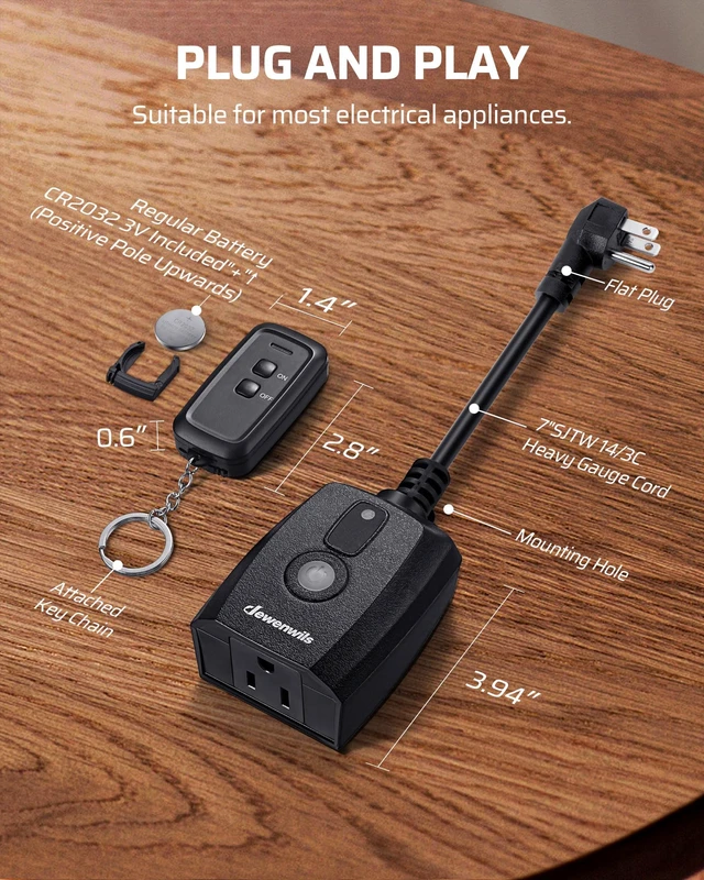 Alt view image 6 of 7 - Outdoor Remote Control Outlet, Indoor Wireless Remote Control Switch, Weatherproof Electrical Plug in Switch, 3-Prong 15A, 6-Inch Cord, 100FT Range, 2 Remotes 1 Outlet, ETL Listed