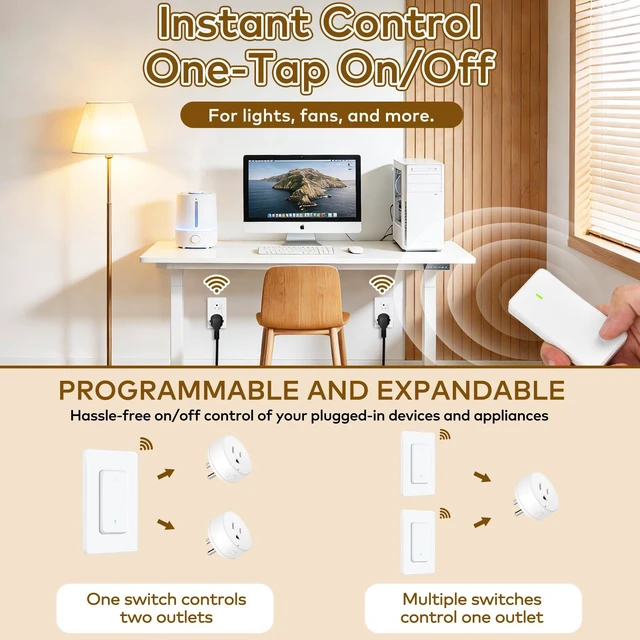 Alt view image 4 of 7 - 3 Independent Remote Control Outlets with Wireless Wall Switch | 500FT RF Range, Wall Mounted Light Switch with Plugs, 15A/1500W, for Lamps/Lights/Household Appliances, TUV listed