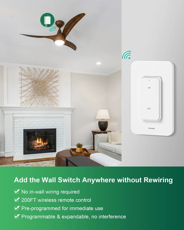 Alt view image 2 of 7 - Wireless Light Switch and Receiver Kit, 200FT RF Long Range | Remote Control Light Switch, 10A/1200W, Wireless Wall Switch for Ceiling Light, Fan, Lamps, No Rewiring, No Interference