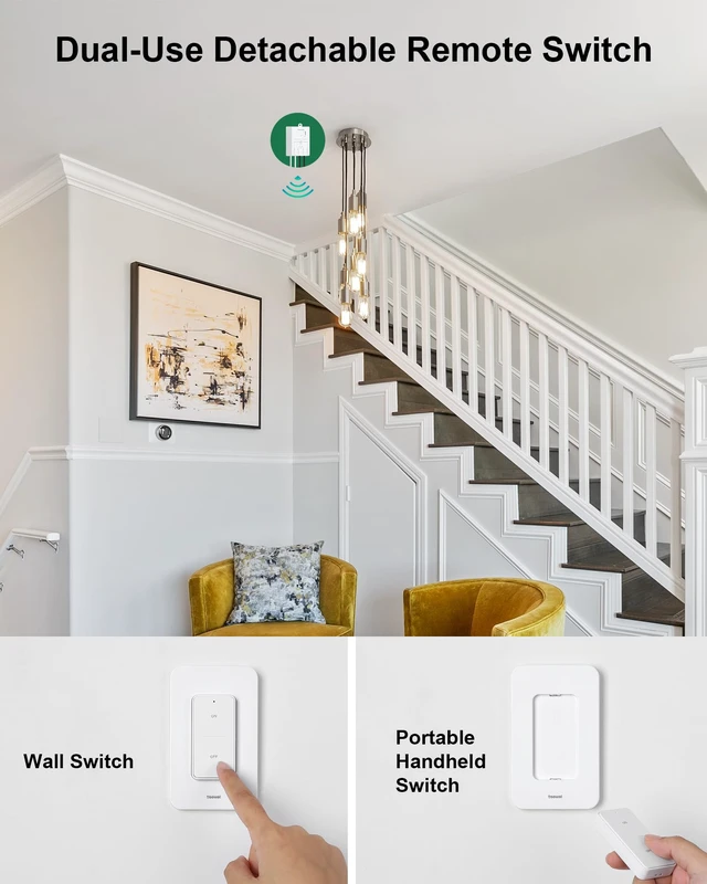 Alt view image 4 of 7 - Wireless Light Switch and Receiver Kit, 200FT RF Long Range | Remote Control Light Switch, 10A/1200W, Wireless Wall Switch for Ceiling Light, Fan, Lamps, No Rewiring, No Interference