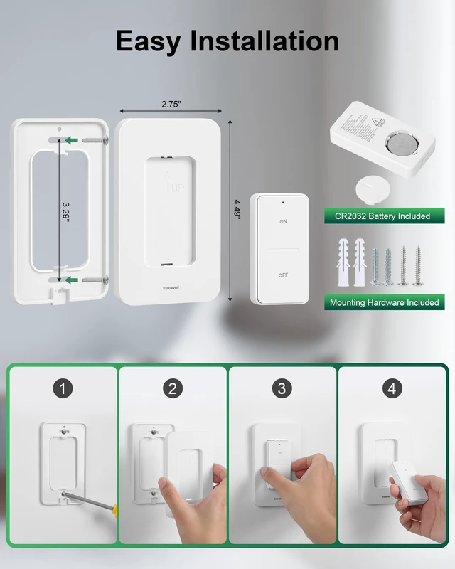 Alt view image 6 of 7 - Wireless Light Switch and Receiver Kit, 200FT RF Long Range | Remote Control Light Switch, 10A/1200W, Wireless Wall Switch for Ceiling Light, Fan, Lamps, No Rewiring, No Interference