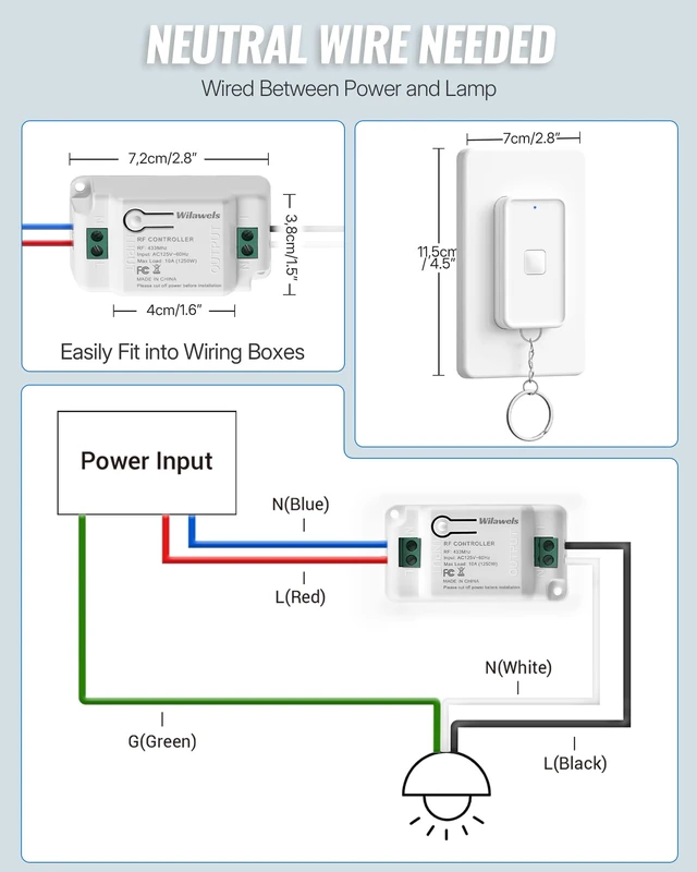 Alt view image 6 of 7 - Wireless Light Switch and Receiver Kit, Remote Light Switches, No in-Wall Wiring Required, Remote Control Wall Switch for Ceiling Lights, Fan, 100 Ft RF Range, FCC Listed W15RC1106