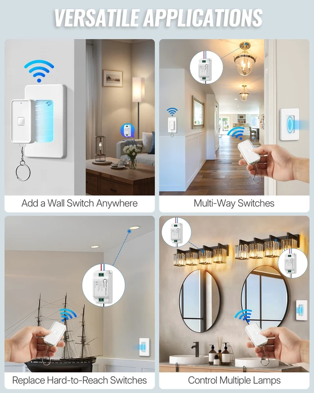 Alt view image 7 of 7 - Wireless Light Switch and Receiver Kit, Remote Light Switches, No in-Wall Wiring Required, Remote Control Wall Switch for Ceiling Lights, Fan, 100 Ft RF Range, FCC Listed W15RC1106