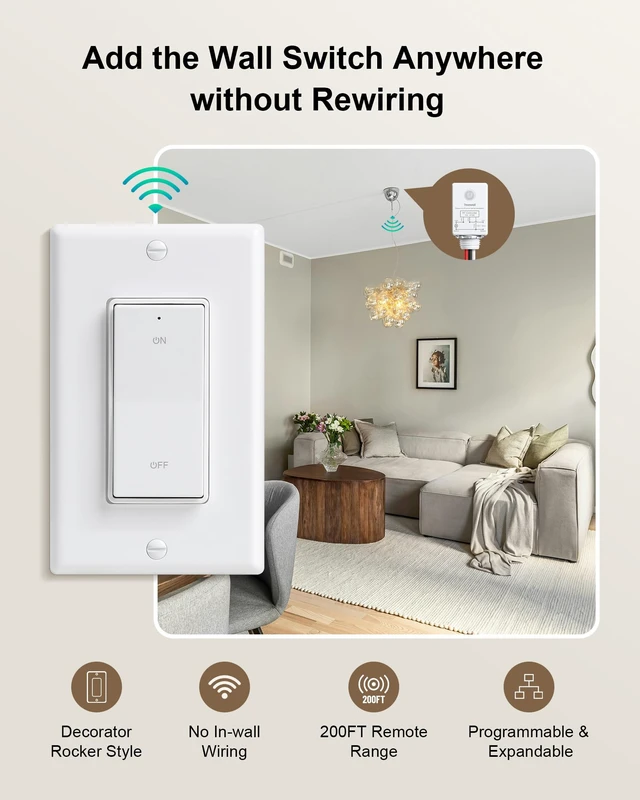 Alt view image 2 of 7 - Wireless Light Switch and Receiver Kit, Decorator Rocker Switch | 200FT Long Range RF Remote Control, 15A/1875W, for Ceiling Light, Fans, Lamps, Pre-Programmed, No Rewiring, No Interference