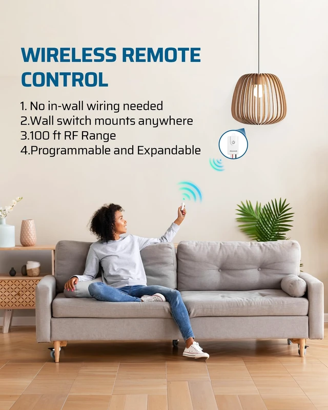 Alt view image 2 of 7 - Wireless Light Switch and Receiver Kit, 15A/1800W Remote Control | No Wiring Required, No Interference, 100 ft Range, Expandable Wall Switch for Lamp, Ceiling Light, Fan & Indoor Lighting