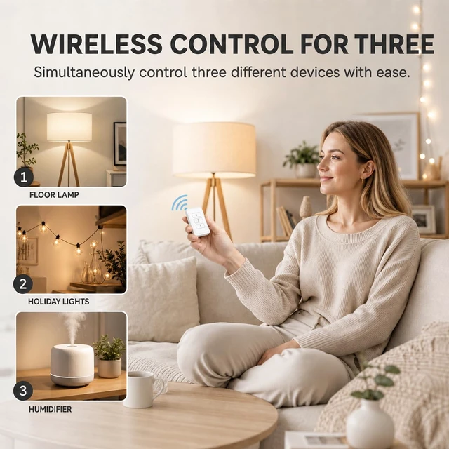 Alt view image 3 of 7 - Remote Control Outlet: Wireless Light Switch with Wall Plate Long Range Plug in On Off Switch for Lights & Small Appliances 1 Remote for 3 Outlets no Wiring