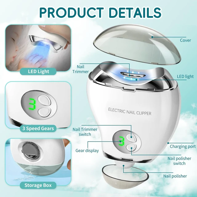 Alt view image 2 of 7 - Electric Nail Clippers, with LED Light and Nail File, Fingernail Clipper Storage, 3 Speeds Ideal Digital Display, USB Rechargeable Safety Nail Trimmer for Baby, Kids, Seniors, Caregivers