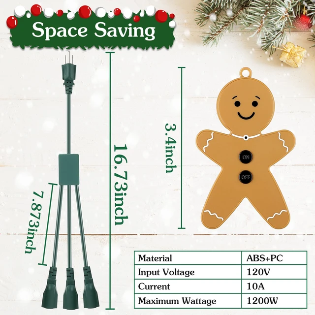Alt view image 2 of 7 - Christmas Tree Lights Controlled Outlet, Plug in Control Outlet Extension Cord with 3 Sockets and Gingerbread Man Remote Switch for Christmas Tree and Long Range Lighting Control, Green (1 Pack)
