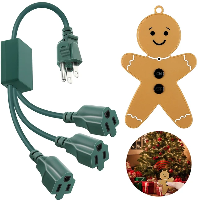 Main image of Christmas Tree Lights Controlled Outlet, Plug in Control Outlet Extension Cord with 3 Sockets and Gingerbread Man Remote Switch for Christmas Tree and Long Range Lighting Control, Green (1 Pack)