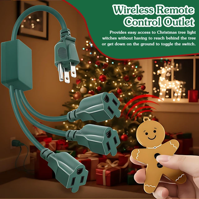 Alt view image 4 of 7 - Christmas Tree Lights Controlled Outlet, Plug in Control Outlet Extension Cord with 3 Sockets and Gingerbread Man Remote Switch for Christmas Tree and Long Range Lighting Control, Green (1 Pack)