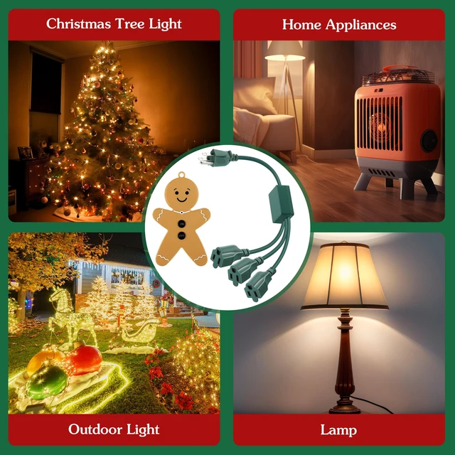 Alt view image 7 of 7 - Christmas Tree Lights Controlled Outlet, Plug in Control Outlet Extension Cord with 3 Sockets and Gingerbread Man Remote Switch for Christmas Tree and Long Range Lighting Control, Green (1 Pack)