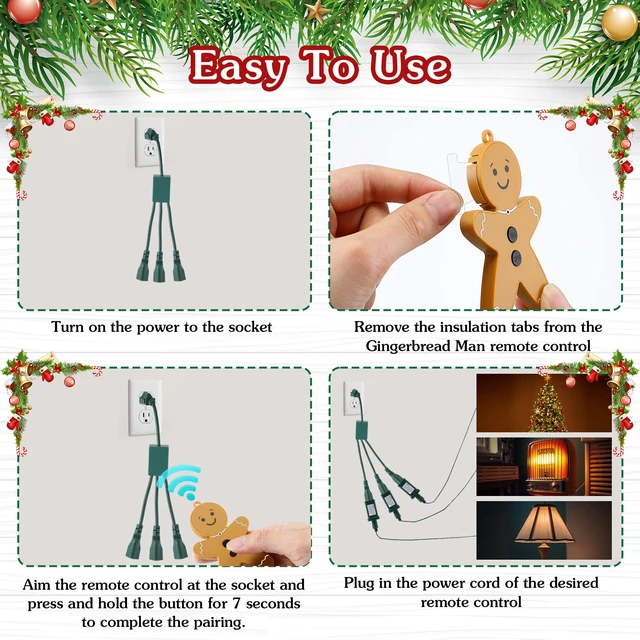 Alt view image 6 of 7 - Christmas Tree Lights Controlled Outlet, Plug in Control Outlet Extension Cord with 3 Sockets and Gingerbread Man Remote Switch for Christmas Tree and Long Range Lighting Control, Green (1 Pack)