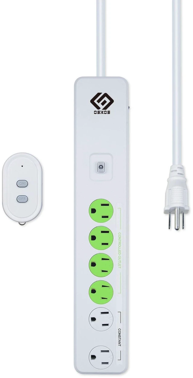 Main image of Indoor 6-Outlet Energy-Saving Strip with Wireless Remote,100-Foot RF Range, Expandable Remote Light Switch for Household Appliances, Includes one 3 Voltage Lithium Battery, 15A/1800W, UL Listed