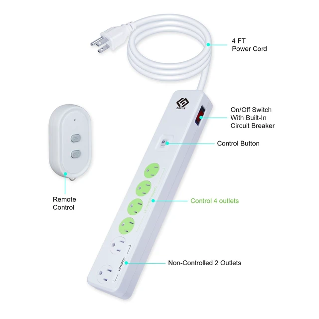 Alt view image 5 of 6 - Indoor 6-Outlet Energy-Saving Strip with Wireless Remote,100-Foot RF Range, Expandable Remote Light Switch for Household Appliances, Includes one 3 Voltage Lithium Battery, 15A/1800W, UL Listed