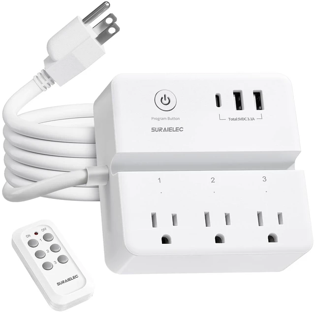 Main image of Remote Control Extension Cord, Remote Power Strip, 3 FT Cord | 3 Independent Outlets, USB-C & USB-A, 15A/1875W, 300J Surge Protection, Remote Outlet Switch for Lamps & Christmas Lights