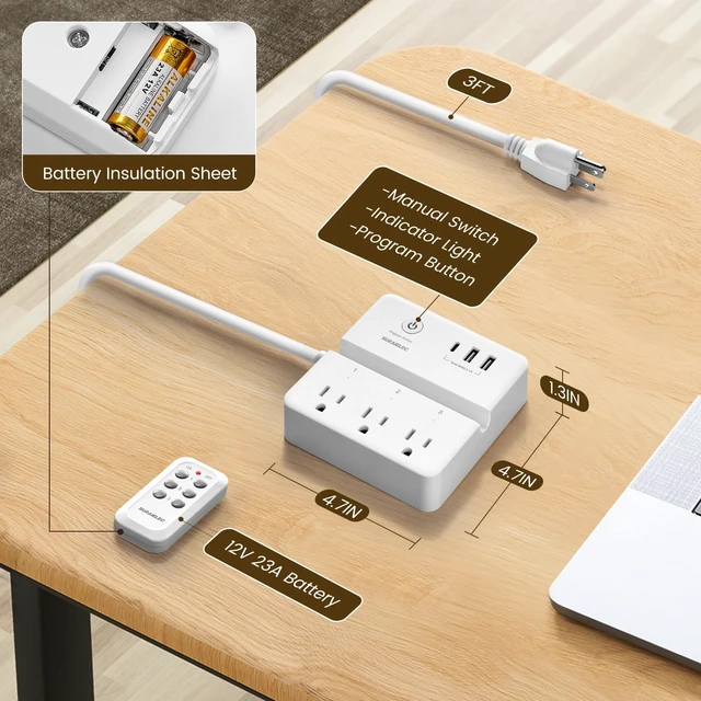 Alt view image 7 of 7 - Remote Control Extension Cord, Remote Power Strip, 3 FT Cord | 3 Independent Outlets, USB-C & USB-A, 15A/1875W, 300J Surge Protection, Remote Outlet Switch for Lamps & Christmas Lights