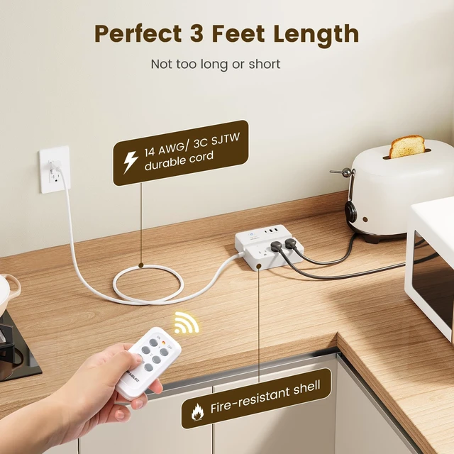 Alt view image 6 of 7 - Remote Control Extension Cord, Remote Power Strip, 3 FT Cord | 3 Independent Outlets, USB-C & USB-A, 15A/1875W, 300J Surge Protection, Remote Outlet Switch for Lamps & Christmas Lights