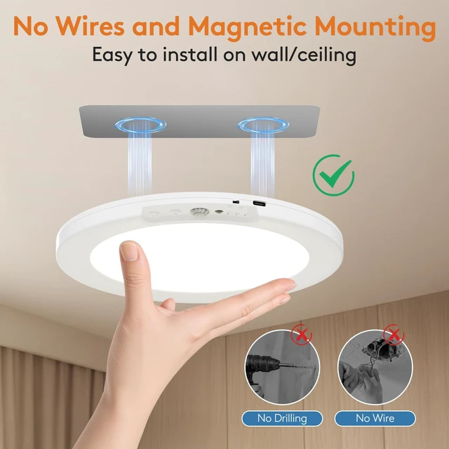 Alt view image 3 of 6 - Motion Sensor Closet Light Indoor, Fast Charging Wireless Ceiling Light with Remote, Rechargeable Battery Operated Lights, Shower Light for Cabinet Bathroom Stairs Hallway Pantry 7.48 Inch