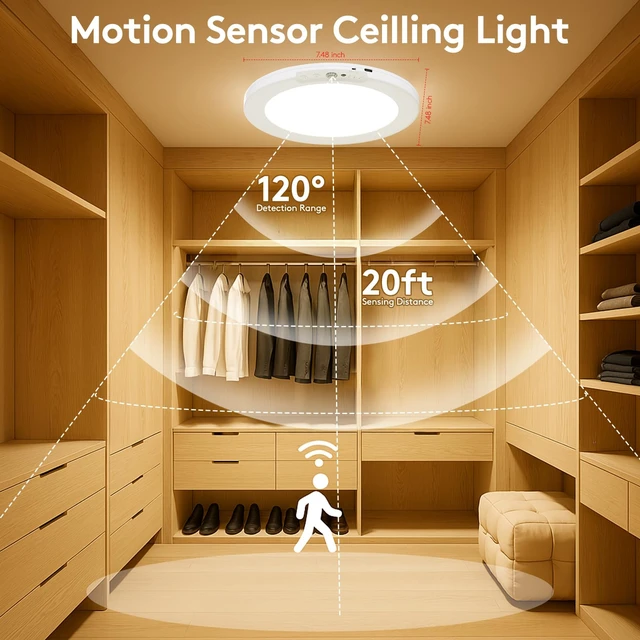 Alt view image 4 of 6 - Motion Sensor Closet Light Indoor, Fast Charging Wireless Ceiling Light with Remote, Rechargeable Battery Operated Lights, Shower Light for Cabinet Bathroom Stairs Hallway Pantry 7.48 Inch