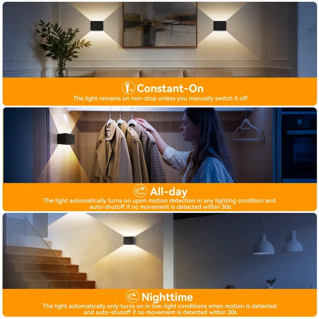 Alt view image 3 of 7 - Motion Sensor Wall Light 5000mAh Battery Operated,Rechargeable Wall Sconce Set of 2 Wireless Closet Light,3CCT & Dimmable Up and Down Night Lights Magnetic Stair Lights for Bedroom Hallway