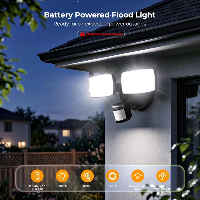 Alt view image 3 of 7 - Battery Powered Motion Sensor Outdoor Lights, Security Floodlight | Easy to install anywhere for temporary lighting at porch shed fence, 1500LM wireless battery operated LED flood light