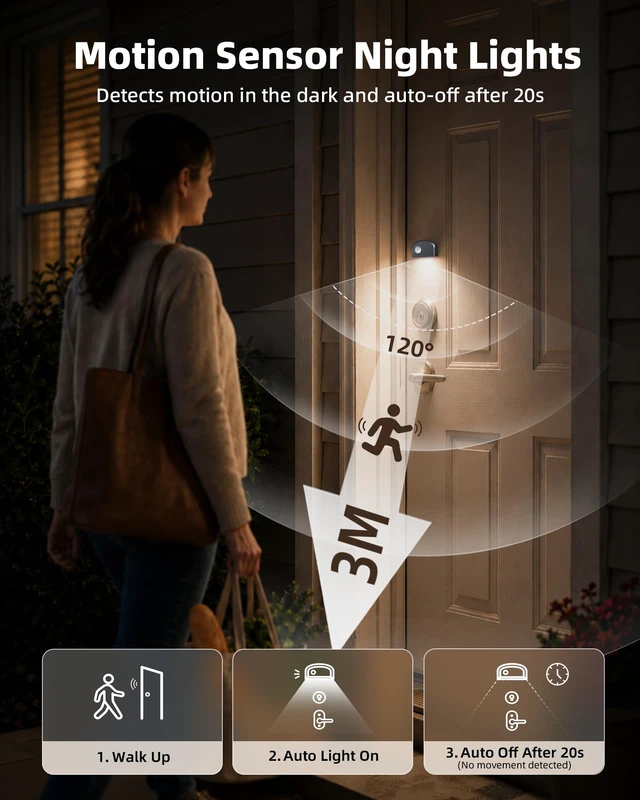 Alt view image 3 of 7 - Light, Battery Powered Motion Sensor Lights,Door Lock Light Magnetic & Dimmable,6 LED Bulbs PIR Wireless Motion Detector 6500K Soft White,Portable Nightlight for Hallway,Appliance,Bathroom