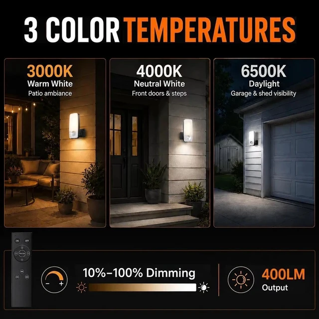 Alt view image 6 of 7 - Rechargeable Motion Sensor Outdoor Lights, 10000mAh Outdoor Wall Light | 3 Modes Wireless Security Light with Remote, 3CCT Dimmable, IP65 Waterproof Outdoor Lights for Porch,Backyard,Garage