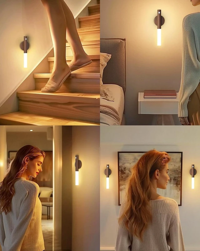Alt view image 3 of 7 - Motion Sensor Light Indoor, 2200mAh Rechargeable Wall Sconce | Battery operated wall lights magnetic night lights wooden wall decor for stairways, hallways, bedrooms and picture lighting