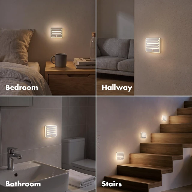 Alt view image 6 of 7 - 3-Pack Motion Sensor Night Lights, Soft Warm White LED Lights | 9 AA Batteries Included, Battery Powered Night Light for Bedrooms, Bathroom, Stairs, and Closet