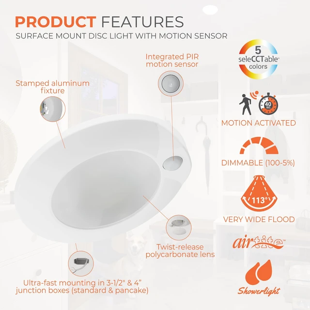 Alt view image 3 of 7 - HLCE 6-Inch Indoor/Outdoor LED Motion Sensor Ceiling Light with CCT Select, Dimming, CA Compliant - Matte White