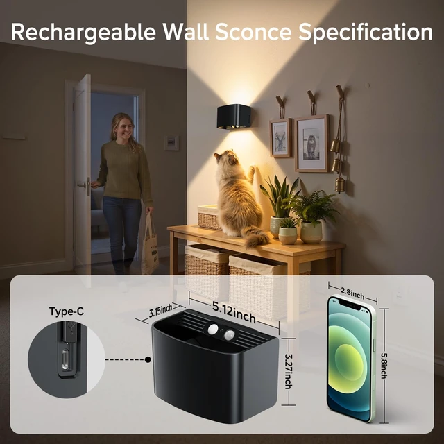 Alt view image 2 of 7 - Motion Sensor Wall Light with Remote Control, 5000mAh Rechargeable Wireless Wall Sconce Set of 2, Motion Sensor Night Light Adjustable Brightness & Angle, Up and Down Battery Powered Wall Lamps Indoor