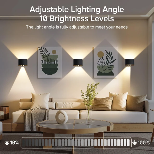 Alt view image 3 of 7 - Motion Sensor Wall Light with Remote Control, 5000mAh Rechargeable Wireless Wall Sconce Set of 2, Motion Sensor Night Light Adjustable Brightness & Angle, Up and Down Battery Powered Wall Lamps Indoor