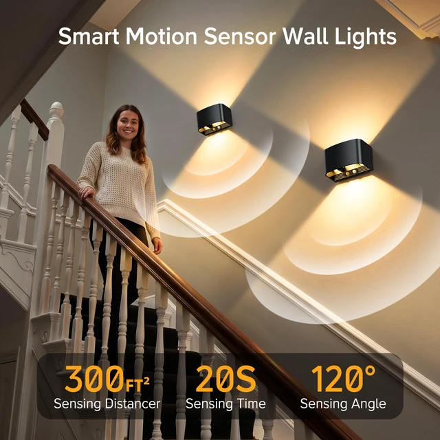 Alt view image 5 of 7 - Motion Sensor Wall Light with Remote Control, 5000mAh Rechargeable Wireless Wall Sconce Set of 2, Motion Sensor Night Light Adjustable Brightness & Angle, Up and Down Battery Powered Wall Lamps Indoor
